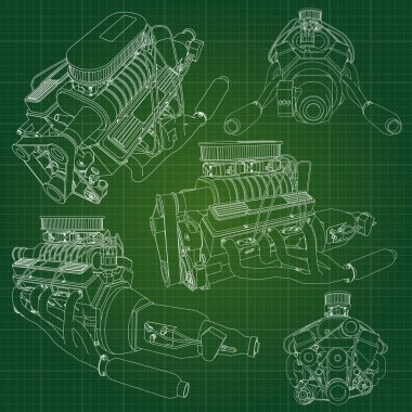 Grafik kağıdı kontur satırları tasvir kamyon ile büyük bir dizel motor. Siyah çizgi yeşil arka plan üzerinde kıvrımlarına.