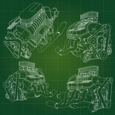 Grafik kağıdı kontur satırları tasvir kamyon ile büyük bir dizel motor. Siyah çizgi yeşil arka plan üzerinde kıvrımlarına.