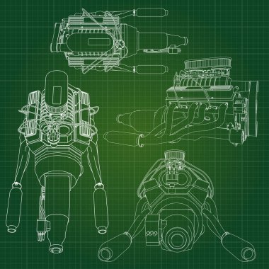 Grafik kağıdı kontur satırları tasvir kamyon ile büyük bir dizel motor. Siyah çizgi yeşil arka plan üzerinde kıvrımlarına.