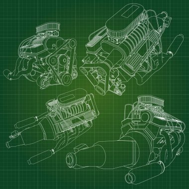 Grafik kağıdı kontur satırları tasvir kamyon ile büyük bir dizel motor. Siyah çizgi yeşil arka plan üzerinde kıvrımlarına.