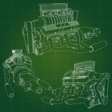 Grafik kağıdı kontur satırları tasvir kamyon ile büyük bir dizel motor. Siyah çizgi yeşil arka plan üzerinde kıvrımlarına.