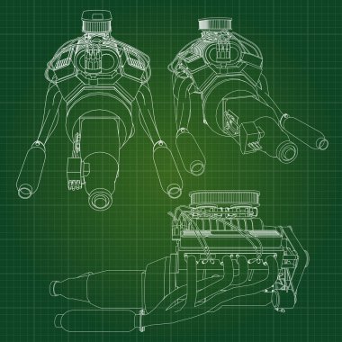 Grafik kağıdı kontur satırları tasvir kamyon ile büyük bir dizel motor. Siyah çizgi yeşil arka plan üzerinde kıvrımlarına.