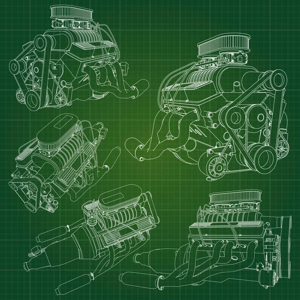 等高線グラフ紙の上に描かれているトラックと大きなディーゼル エンジン。緑の背景の黒い線の輪郭. — ストックベクタ