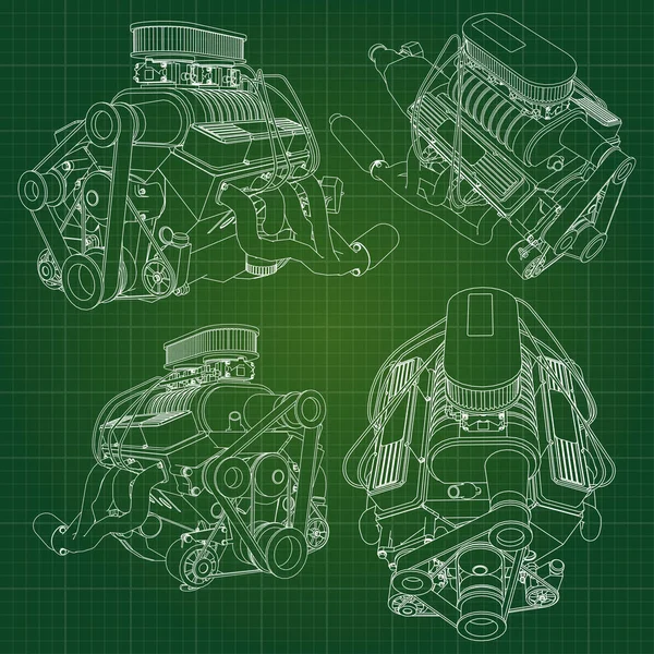 Een grote dieselmotor met de truck afgebeeld in de contour lijnen op grafiek papier. De contouren van de zwarte lijn op de groene achtergrond. — Stockvector