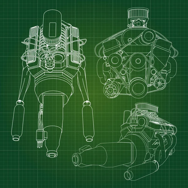 A big diesel engine with the truck depicted in the contour lines on graph paper. The contours of the black line on the green background. — Stock Vector