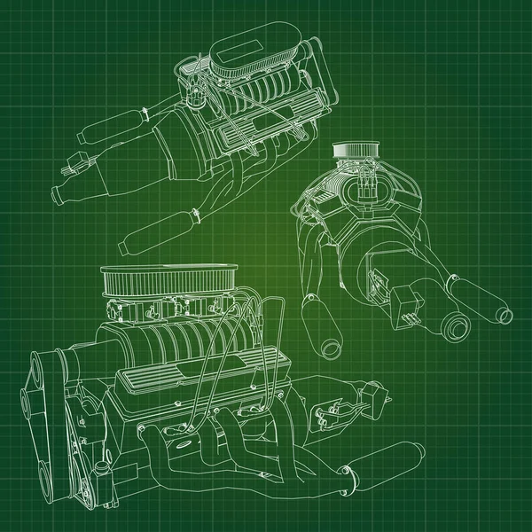 En stor dieselmotor med lastbilen skildras i konturlinjerna på rutat papper. Konturerna av den svarta linjen på grön bakgrund. — Stock vektor