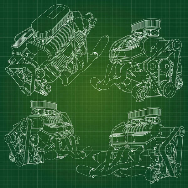 Egy nagy dízel-motor a teherautó ábrázolt a szintvonalak milliméterpapírra. A zöld háttéren fekete vonal kontúrok. — Stock Vector