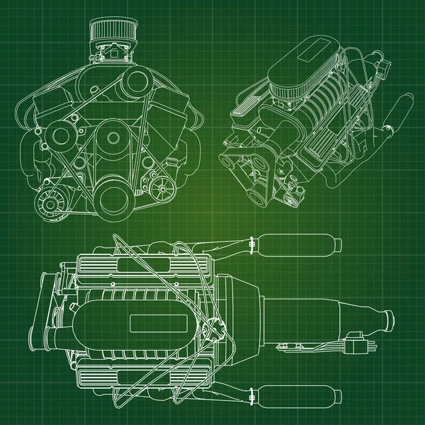 Un gran motor diesel con el camión representado en las líneas de contorno en papel gráfico. Los contornos de la línea negra sobre el fondo verde . — Vector de stock