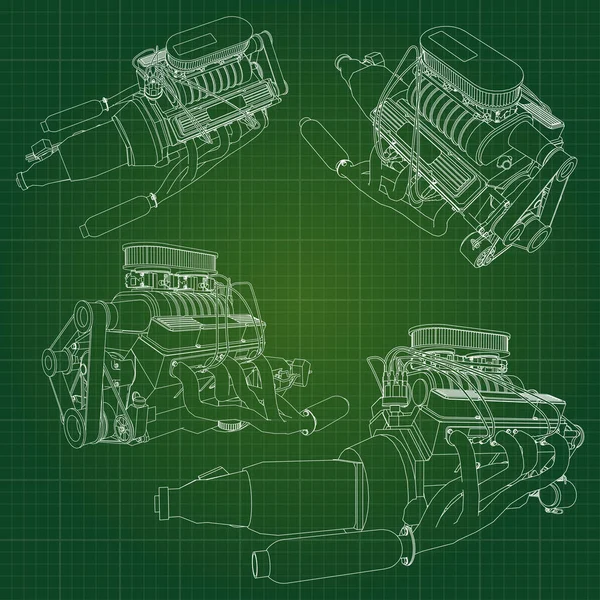 Un gran motor diesel con el camión representado en las líneas de contorno en papel gráfico. Los contornos de la línea negra sobre el fondo verde . — Archivo Imágenes Vectoriales