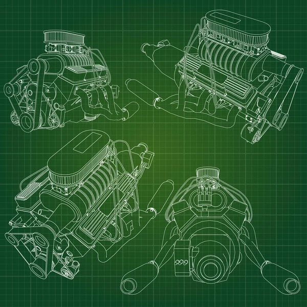 Een grote dieselmotor met de truck afgebeeld in de contour lijnen op grafiek papier. De contouren van de zwarte lijn op de groene achtergrond. — Stockvector