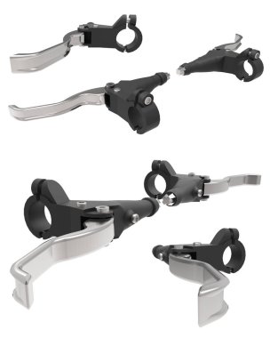 Bisiklet fren. El fren kolu. .. .Bir bisikletin fren kontrol etmek için ayrıntı. Beyaz bir arka plan görüntüleri izole kümesi. 3D çizim.