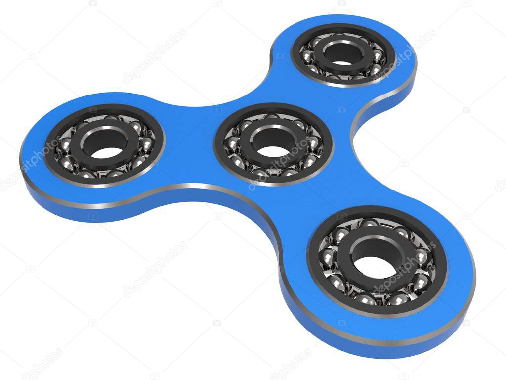 Fidget spinner stress relieving toy blue on white backgrond. 3d illustration