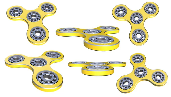 Impostare lo stress spinner fidget alleviare giocattolo giallo su backgrond bianco. Illustrazione 3d . — Foto Stock