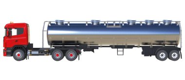 Parlak metal römork ile büyük kırmızı kamyon tanker. Her taraftan kez izlendi. 3D çizim.