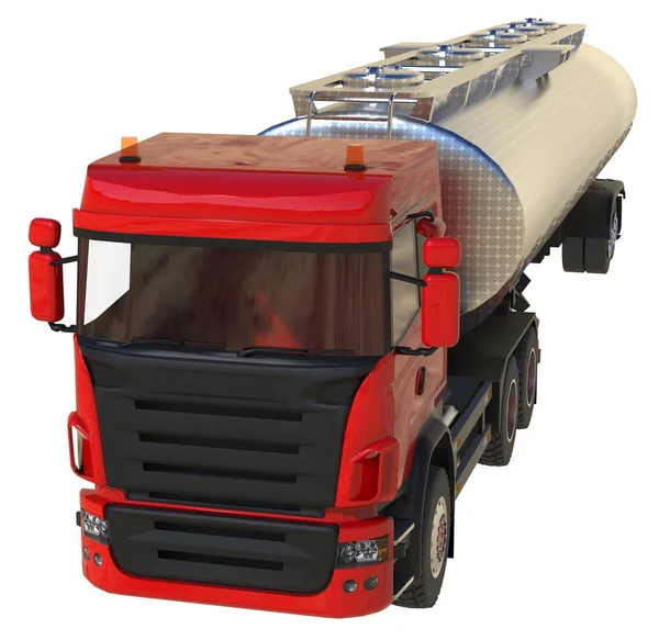 Parlak metal römork ile büyük kırmızı kamyon tanker. Her taraftan kez izlendi. 3D çizim. — Stok fotoğraf