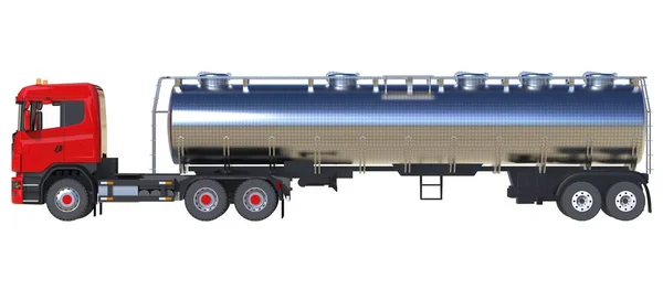 Großer roter LKW-Tankwagen mit einem polierten Metallanhänger. Ansichten von allen Seiten. 3D-Illustration. — Stockfoto