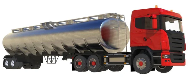 Grote rode vrachtwagen tanker met een gepolijste metalen aanhangwagen. Uitzicht vanaf alle kanten. 3D illustratie. — Stockfoto