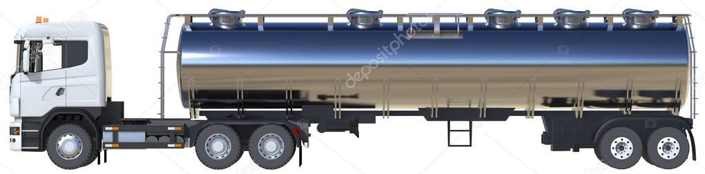 Large white truck tanker with a polished metal trailer. Views from all sides. 3d illustration.