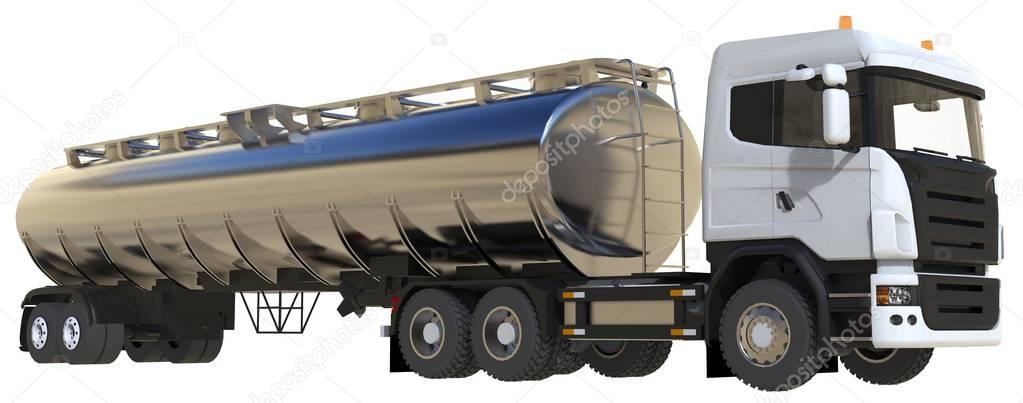 Large white truck tanker with a polished metal trailer. Views from all sides. 3d illustration.