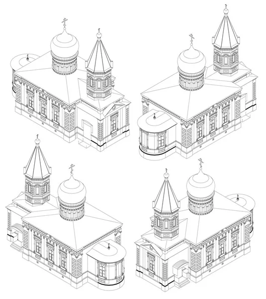 Le temple de l'Église orthodoxe russe, un dessin en lignes, vues de tous les côtés . — Image vectorielle