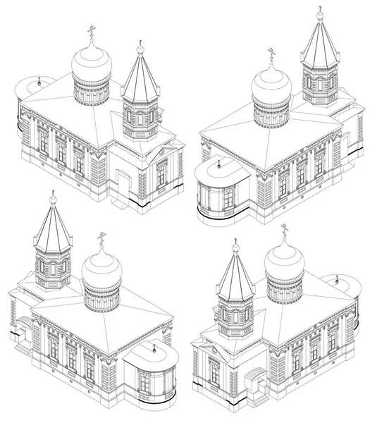Chrám z ruské pravoslavné církve, výkres v řádcích, pohledy ze všech stran. — Stockový vektor