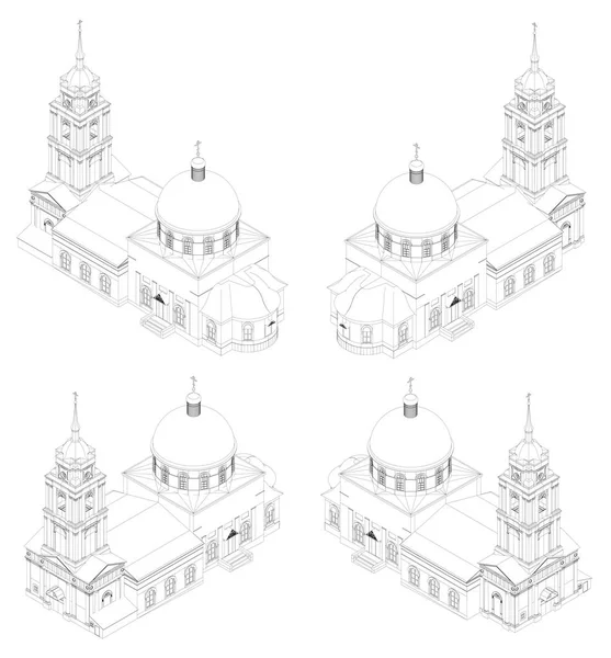 Le temple de l'Église orthodoxe russe, un dessin en lignes, vues de tous les côtés . — Image vectorielle