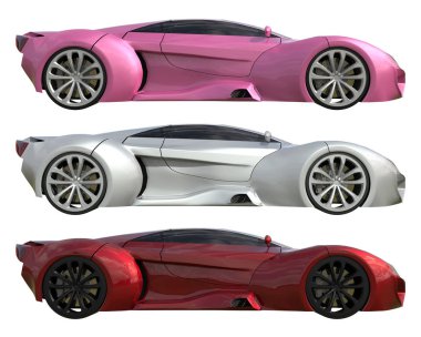 Pembe, gri ve kırmızı renklerin bir modelin üç kavramsal yarış araçları kümesi. Yan görünümü. 3D çizim.