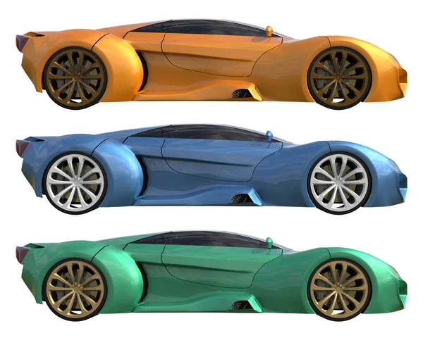 Egy sor három fogalmi versenyautót egy modell, a sárga, kék és zöld színekben. Oldalnézet. 3D-s illusztráció. — Stock Fotó