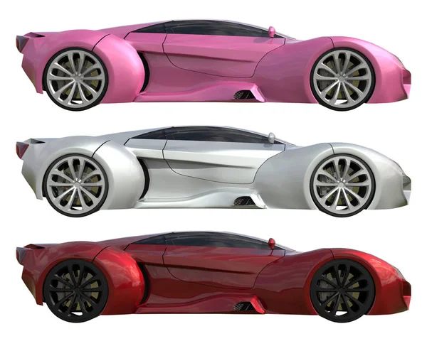Pembe, gri ve kırmızı renklerin bir modelin üç kavramsal yarış araçları kümesi. Yan görünümü. 3D çizim.