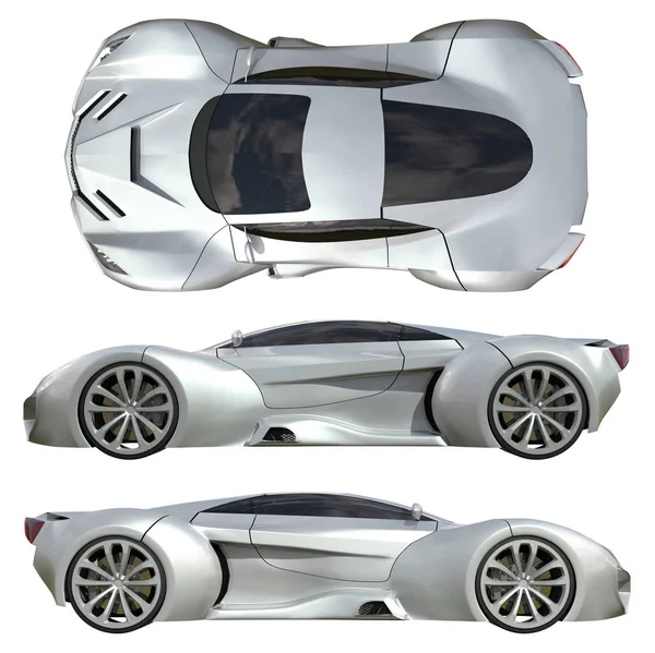 Konsept otomobil gri renkle yarışan üç türleri kümesi. Yan görünümü ve üstten görünüm. 3D çizim.