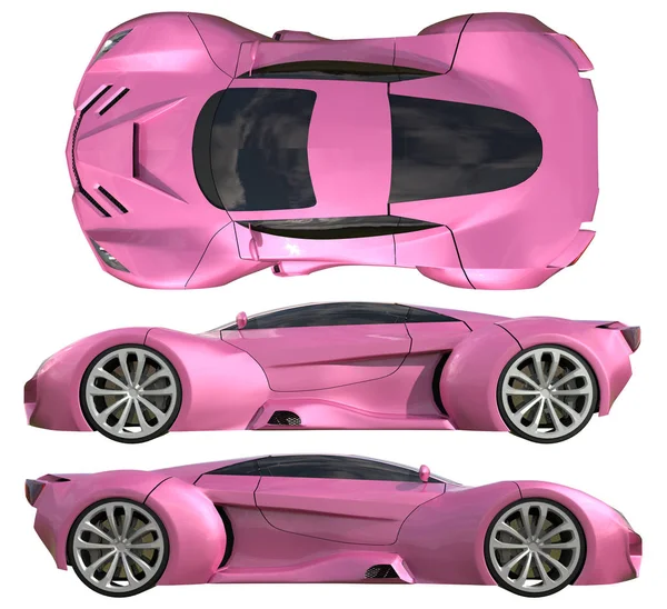 Egy sor három típusú versenyautót koncepció autó, rózsaszín. Oldalsó és felső nézetben. 3D-s illusztráció. — Stock Fotó