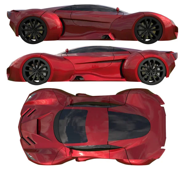 Un conjunto de tres tipos de coches concepto de carreras en rojo. Vista lateral y vista superior. ilustración 3d . — Foto de Stock