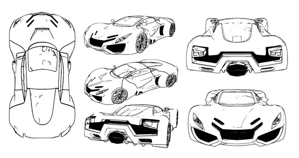 Uppsättning vektorbilder av en konceptuell sportbil. Arter från olika sidor. — Stock vektor
