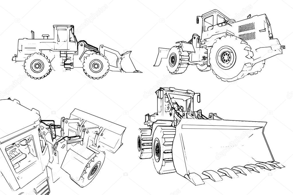 Construction machinery loader. A lot of vector images from different angles. The machine is represented by contour lines