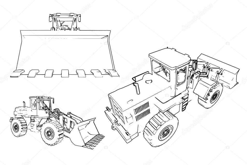 Construction machinery loader. A lot of vector images from different angles. The machine is represented by contour lines