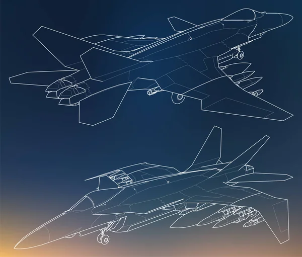 Set di silhouette da caccia jet militari. Immagine di velivoli in linee di contorno — Vettoriale Stock
