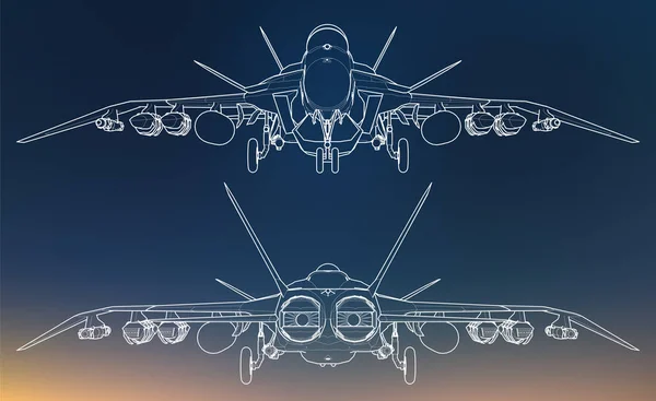 Conjunto de silhuetas de caças militares. Imagem de aeronaves em linhas de desenho de contorno — Vetor de Stock