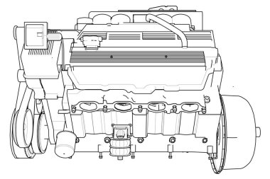 Güçlü araba motoru. Motor beyaz bir arka plan üzerinde siyah çizgiler ile çizilir.