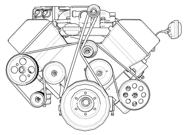 Motor de carro potente. O motor é desenhado com linhas pretas sobre um fundo branco . — Vetor de Stock