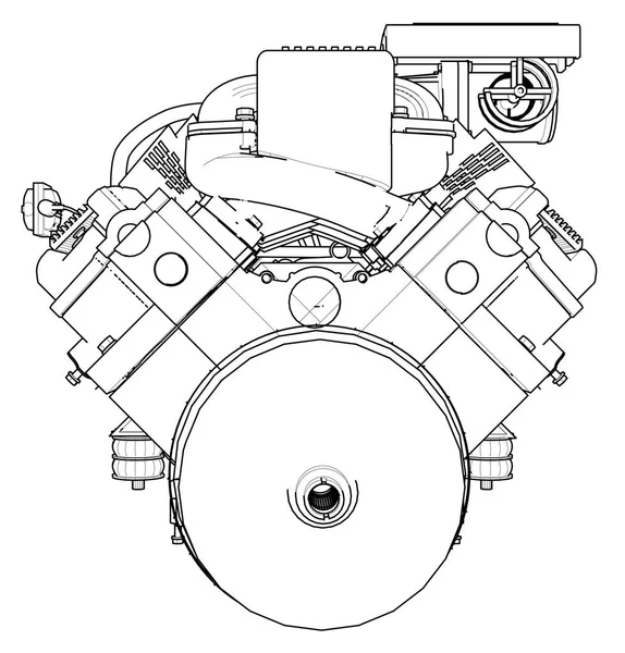 Güçlü araba motoru. Motor beyaz bir arka plan üzerinde siyah çizgiler ile çizilir.