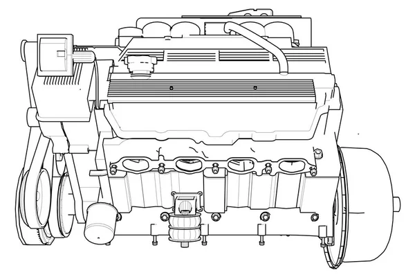 Potente motor de coche. El motor está dibujado con líneas negras sobre un fondo blanco . — Archivo Imágenes Vectoriales