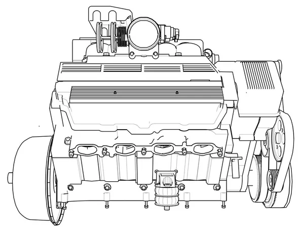 Güçlü araba motoru. Motor beyaz bir arka plan üzerinde siyah çizgiler ile çizilir.