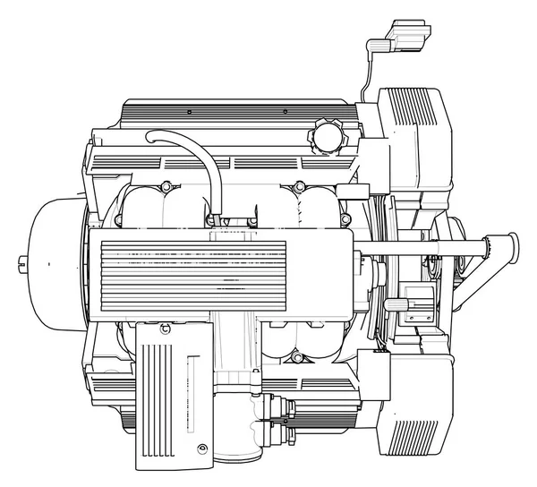 Güçlü araba motoru. Motor beyaz bir arka plan üzerinde siyah çizgiler ile çizilir.