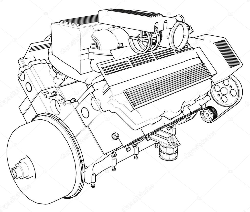 Powerful car engine. The engine is drawn with black lines on a white background.