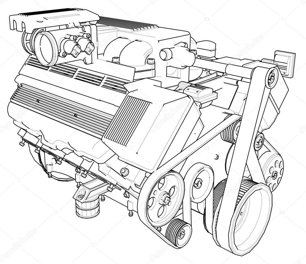 Powerful car engine. The engine is drawn with black lines on a white background