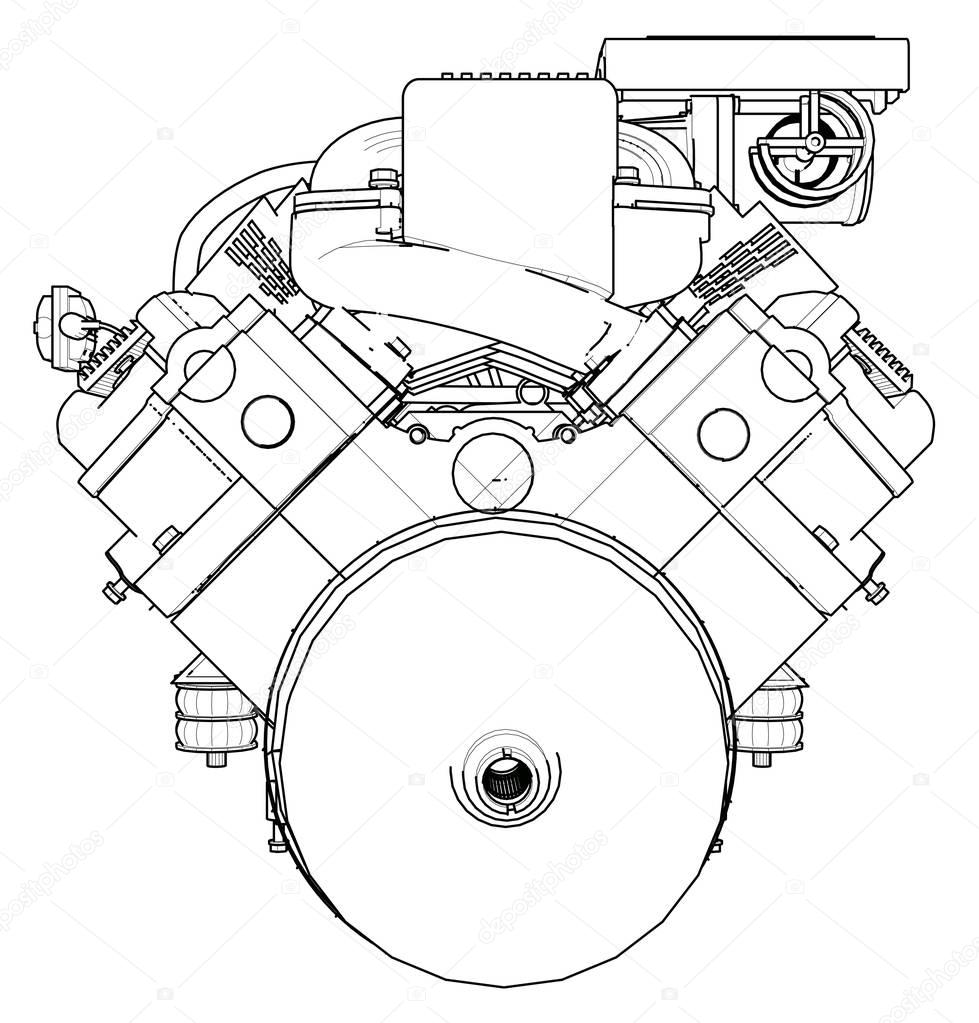Powerful car engine. The engine is drawn with black lines on a white background