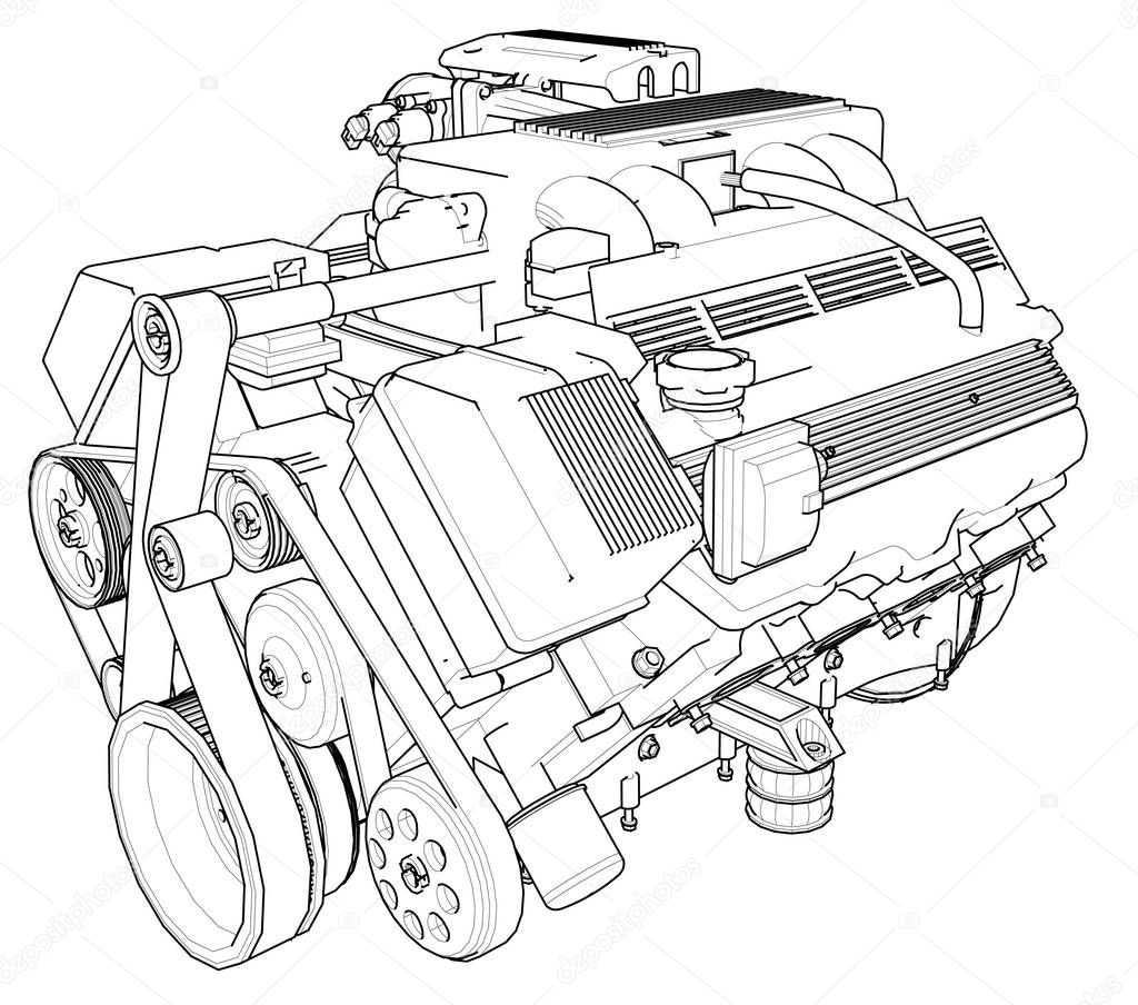 Powerful car engine. The engine is drawn with black lines on a white background
