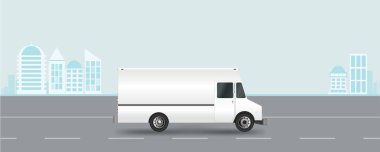 Beyaz kamyon yolda. Kargo van vektör çizim Eps 10 beyaz arka plan üzerinde izole. Şehir ticari araç teslim