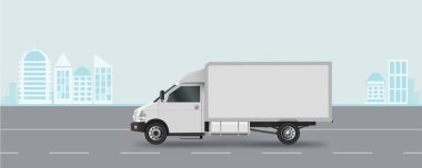 Beyaz kamyon yolda. Kargo van vektör çizim Eps 10 beyaz arka plan üzerinde izole. Şehir ticari araç teslim