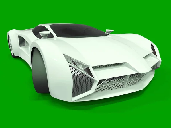Conceptual high-speed white sports car. Green uniform background. Glare and softer shadows. 3d rendering. — Stock Photo, Image